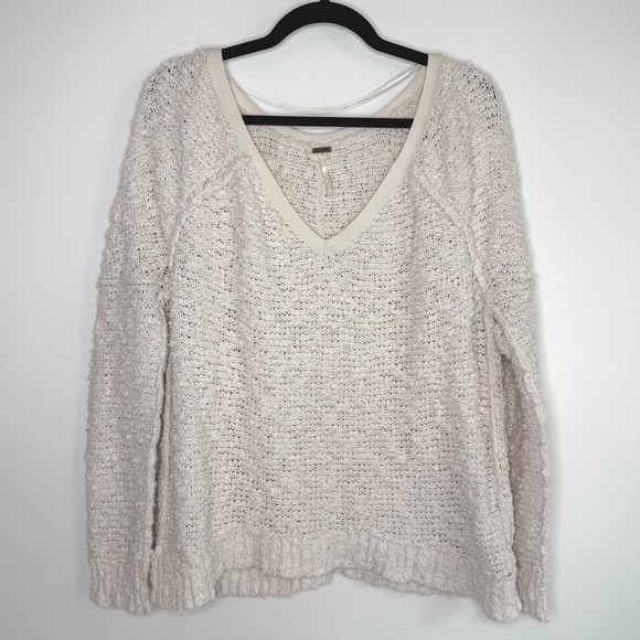 Free People Songbird Chunky Textured Oversized Pullover Sweater Med Cream Cozy - Picture 2 of 13
